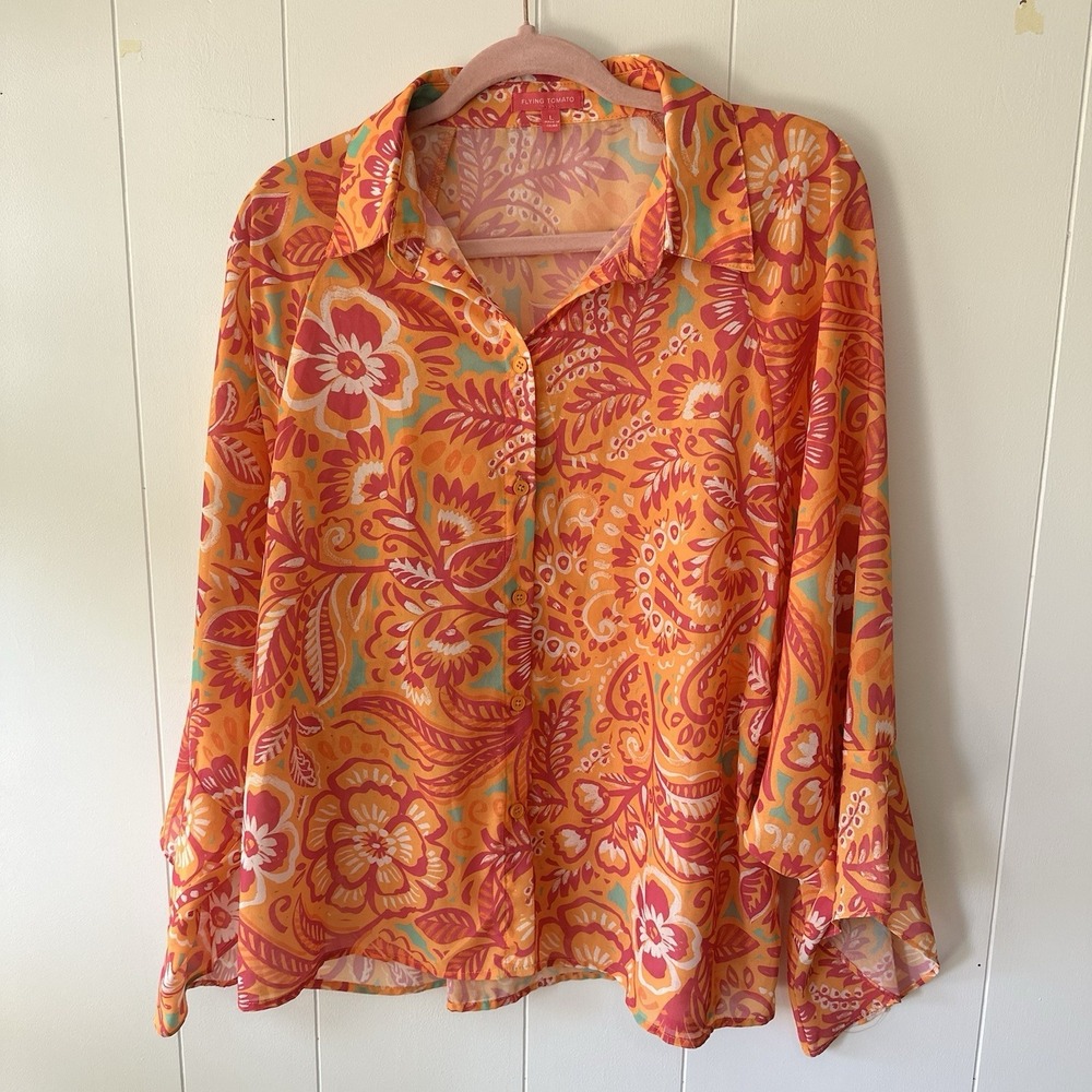 Flying Tomato I'll always Remember You Woven Oversized Top Pink/Orange Floral LG - Picture 4 of 12